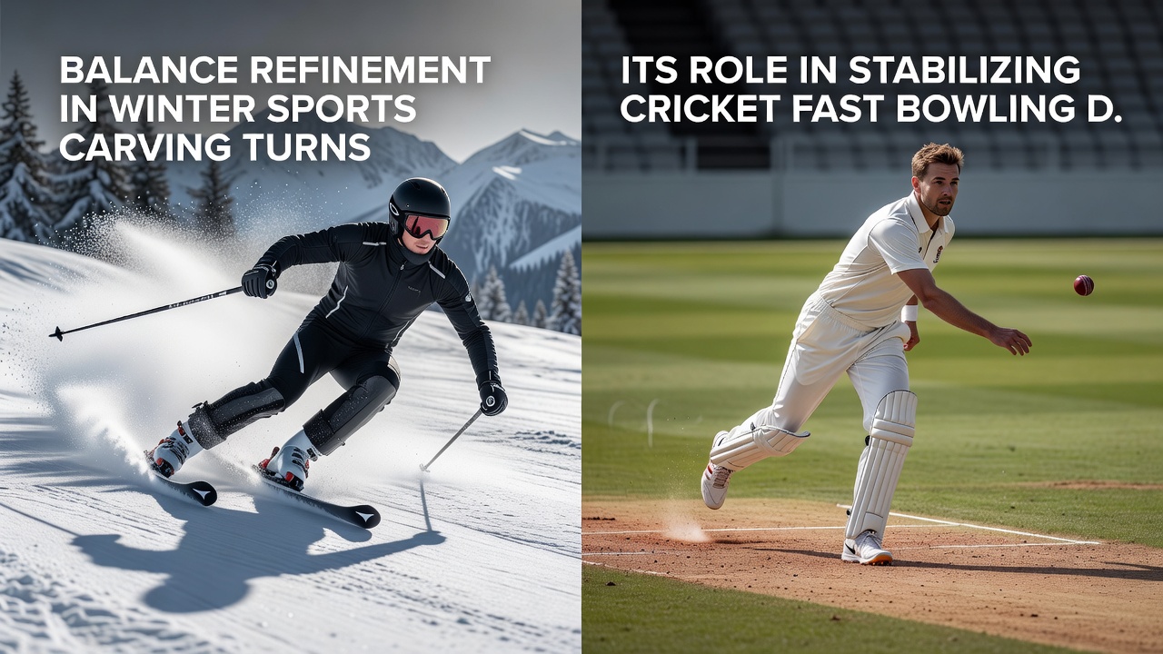 Cricket fast bowler executing a delivery stride on a variable pitch surface with emphasis on stabilized lower-body positioning