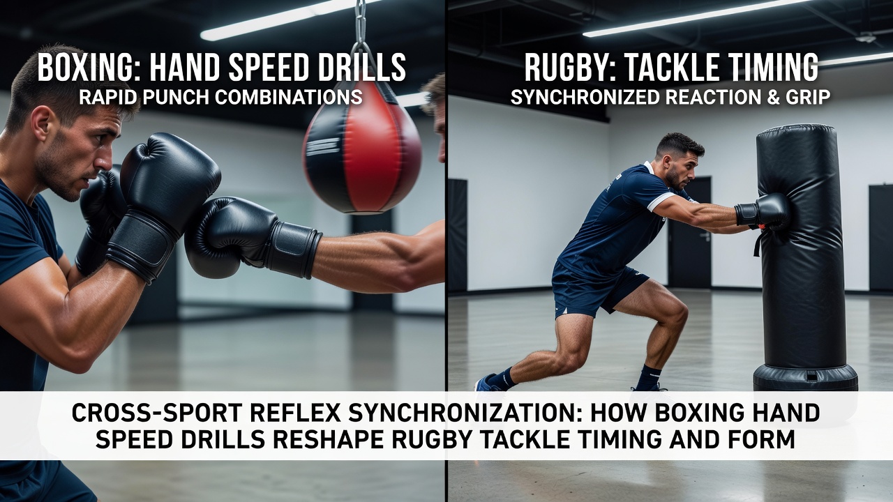 Rugby player executing a timed tackle alongside a Formula 1 driver practicing brake modulation in a simulator