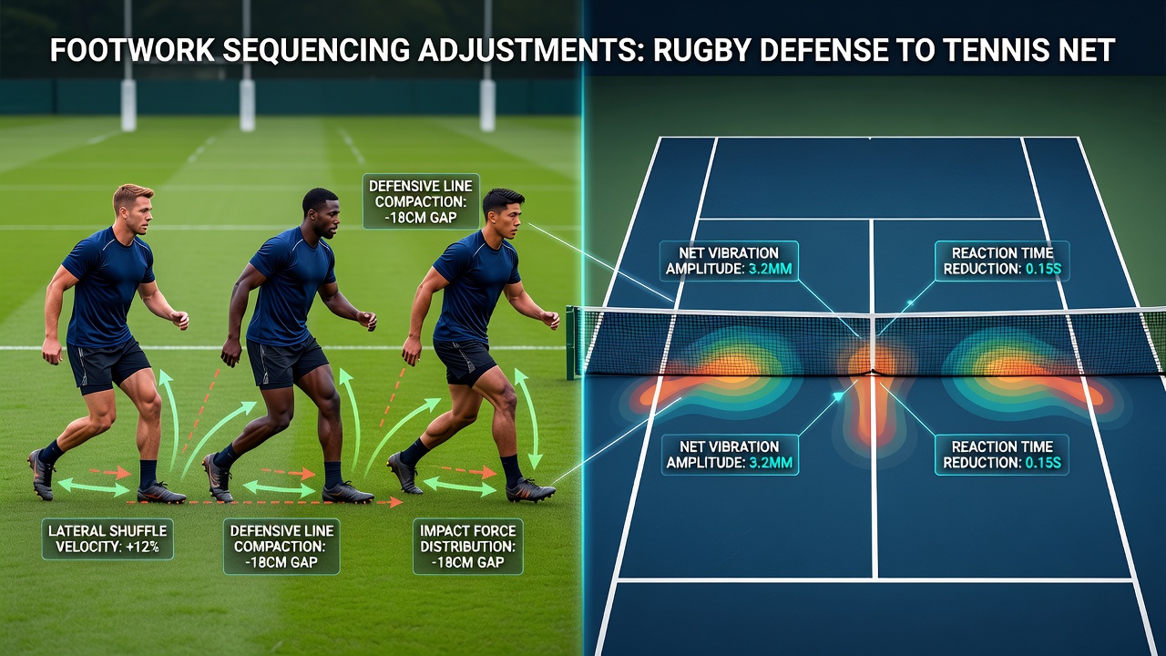 Tennis player executing net approach with refined footwork sequencing derived from rugby defensive training showing forward drive mechanics