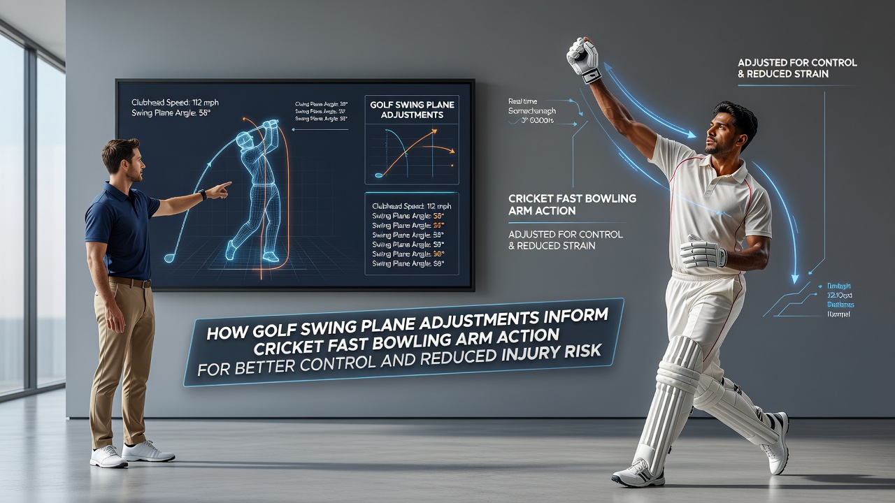 Motion capture footage overlay showing corrected arm plane in fast bowling delivery and its effect on ball trajectory